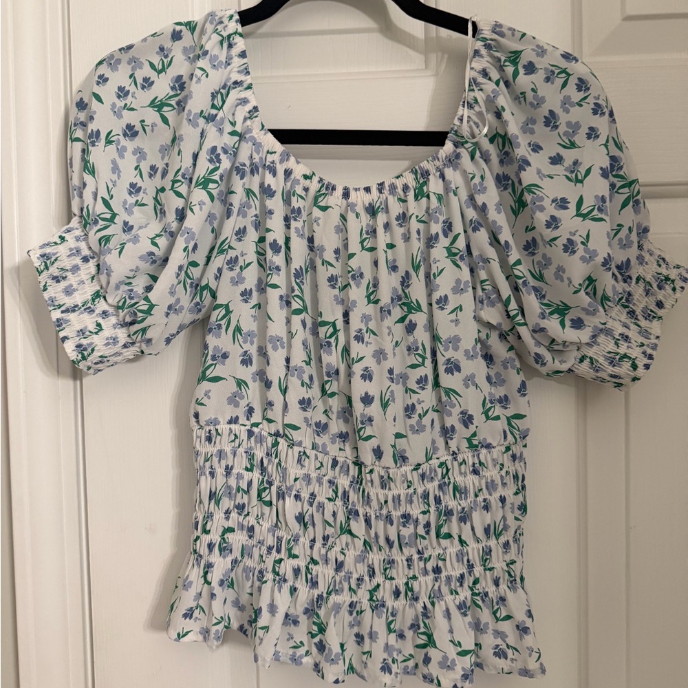Sienna Sky White Puff-Sleeve Floral Smocked Blouse
